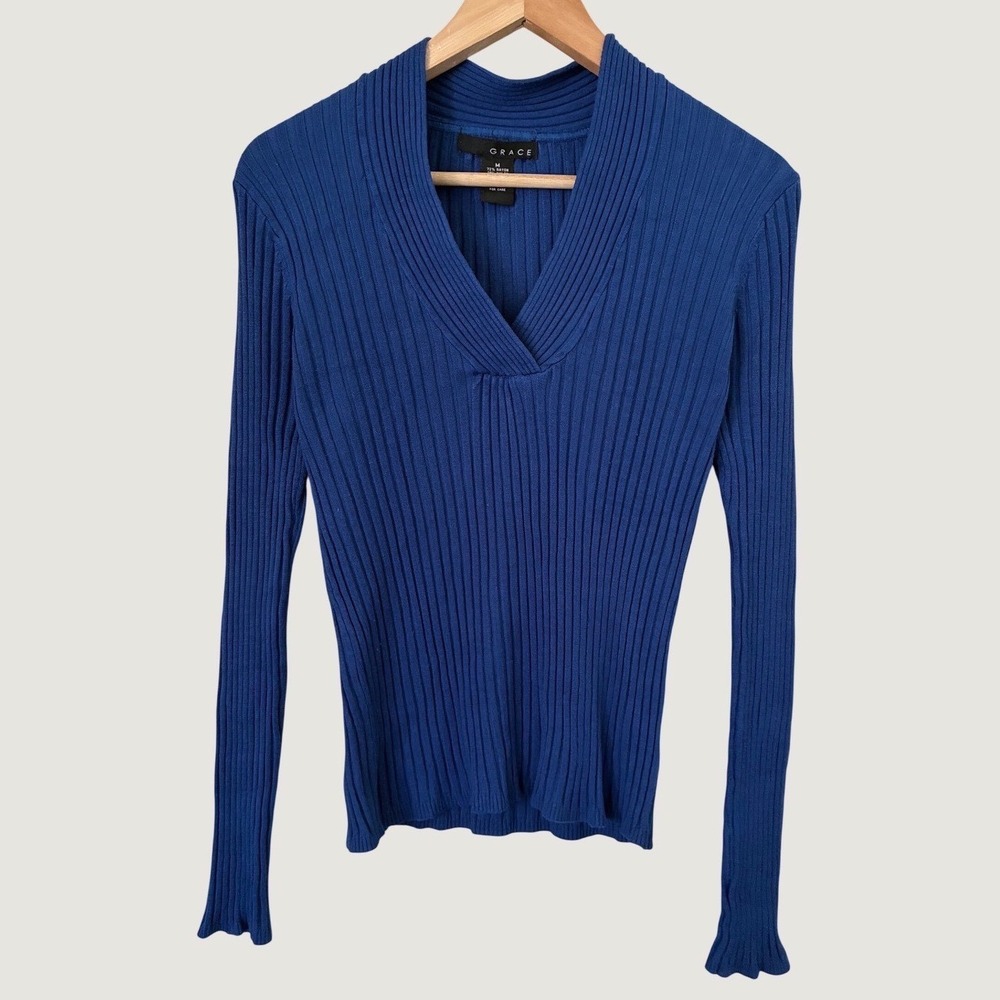 Grace Women Royal Blue Ribbed Knit Surplice V-Neck Long Sleeve Sweater M Capsule